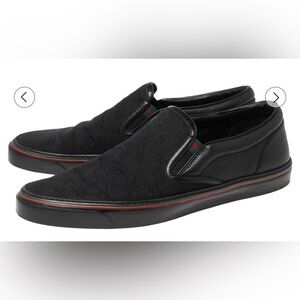 Gucci Dublin Slip On Sneaker in Black GG Canvas with G/R/G detail. Size 10.5